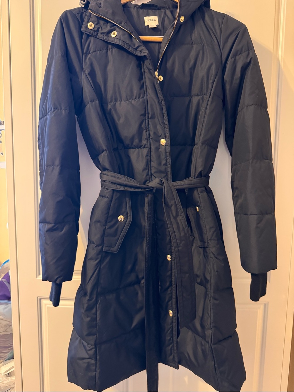 J. Crew Navy Quilted Belted Puffer Coat with Hood